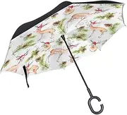 Double Layer Inverted Umbrella Cars Reverse Umbrella Deer Pine Christmas Hat Windproof UV Proof Travel Outdoor Umbrella