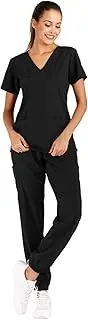 [Minty Mint] Women's Solid Stretch Medical Uniform Scrub Set V Neck Top Cargo Tapered Jogger Pants Black S