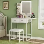 ALEXNUTRE Makeup Vanity Desk with Mirror and Lights, Small Vanity with Fabric...