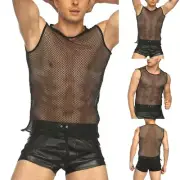 Mens-Tank-Top Mesh Fishnet String Vest Sleeveless See Through Slim Sport Shirts