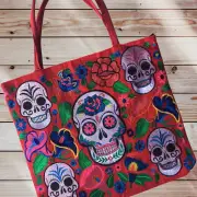 Handmade Mexican Sugar Skull Embroidered Tote Bag - Women's Purses & Handbags