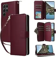 [GoshukunTech] for Galaxy S23 Ultra Case Wallet Leather, for Samsung Galaxy S23 Ultra 5G Flip Case Wallet Cover Kickstand Zipper Purse 9 Card Holder with Wristlet Strap Crossbody Lanyard-Wine Red