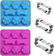 Set of 5, Silicone Molds Puppy Dog Paw & Bone Shaped 2 in 1 and Stainless Steel Bone Cookie Cutter,for Homemade Treats and Cat Animal Paw Ice Candy Chocolate Baking Mold (Blue&Pink)
