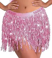 [Cutepet] Women's Sequin Tassel Belly Dance Skirt Wrap Rave Sparkly Fringe Skirts Boho Tassel Hip Scarf Rave Costume