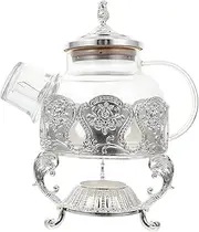 Glass Teapot Set with Cup and Candle Warmer Elegant Tea Kettle Clear Loose Leaf Tea Pot Blooming Tea Set for Wedding Ceremony-Silver