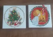 VINTAGE Set of 2 Jasco 1981 Christmas Ceramic Tile Trivet Nostalgic Taiwan