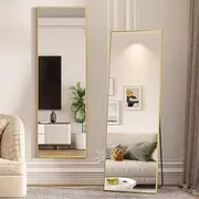 LVSOMT Full Length Mirror 160x50 cm, Wall Mounted Mirror, Large Standing Mirror, Floor Mirror with Stand, Full Body Mirror, Leaning Against Wall Mirror for Bedroom Entry, Bedroom, Living Room (Gold)