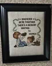 FREE Completed Hand Made Framed Cross Stitch Boy Girl Bird Memory 13 1/2 x 15