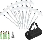 Leona Co Metal Tent Pegs with Glow in The Dark Stoppers, 15pcs Heavy-Duty Ground Screw Anchor Pegs with Ropes and Carry Bag for Yard, Garden, Awning & Canopy with Hex Drill Bit