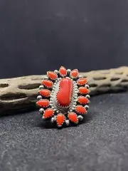 Native American Navajo ox blood coral Sterling Silve cluster Ring Size 9