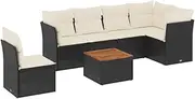 vidaxl Garden Sofa Set - Modular Rattan Patio Lounge - 7 Piece Black with Cushions - Outdoor Acacia Table
