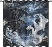Dragon Blackout Curtains for Girls Boys Kids Home Decor, Black White Dragon Medieval Magical Fantasy Grommet Thermal Insulated Drapes Darkening Window Curtain for Bedroom Living Room, 42 x 63 Inch