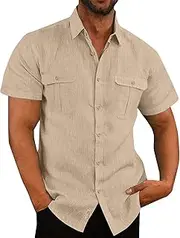 xoxingysm Mens Casual Button Down Shirts 2024 Summer Short Sleeve Lapel Collared T Shirts Solid Cotton Dress Shirts Pockets