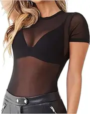 [Allchic] Womens Short Sleeve Sheer Mesh Tops Sexy See Through Tee Blouse Clubwears