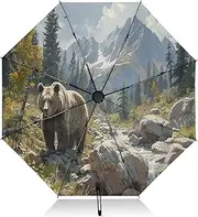 [RPLIFE] Windproof Travel Umbrella, Auto Open Close, Folding Umbrella Compact, Backpack Purse Portable, Ideal for Women, Grizzly Bear Mountains