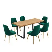 7 Piece Dining Set with Matching Rectangular Table and 6 Green Velvet Chairs