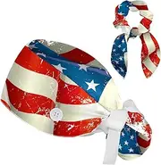 [FVQL] Scrub Caps Women, 2 Pieces Nurse Cap with Hair Scrunchies, USA Flag Pattern Vintage Art