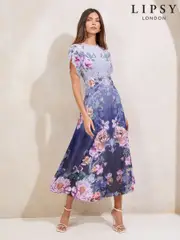 Lipsy Blue Petite Ombre Floral Print Tulip Sleeve Fit And Flare Midi Dress (H23172) | $185