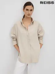 Reiss Nude Danielle Split Hem Button-Through Shirt (K93668) | $325