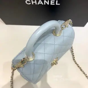 二手正品 CHANEL 香奈兒 MINI COCO HANDLE 藍色荔枝牛皮 手把金鍊 手提包 斜背包 兩用包 口蓋包