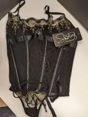Shirley Of Hollywood Embroidered Black & Gold Corset Size 38 W/Thong Panties...