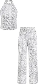 [Jhaoyu] Kids Girls Cheerleading Jazz Dance Costume Sequins Crop Top with Pants Gymnastics Stage Performance Outfits