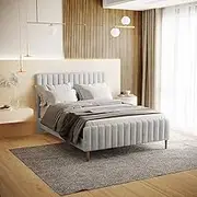 Platform Bed Frame Velvet Fabric Upholstered Bed Base with Headboard & Footboard (Slate, Queen)
