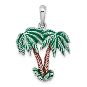 Sterling Silver De-Ani Rhodium-Plated Polished Enameled Palm Trees Pendant