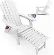 YEFU Adirondack Chair with Ottoman, Adjustable Backrest Adirondack Chairs, Folding Outdoor Fire Pit Chair with 2 Cup-Holders, Weather Resistant for Patio Lawn Outside Garden Pool, 380lbs (White)
