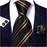 [VSOLS] Men's Blue Black Striped Tie 3.4" Tie Pocket Square Cufflinks Wedding Party Silk Tie Set (Color : SN-3324, Size : 59.06 * 3.35in)