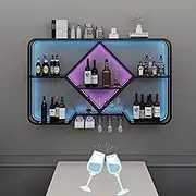 Wall Mounted Wine Rack with Hanging Glass Holder Floating Liquor Cabinet and Bottle Display Shelf with Light Strip Mini Bar Shelves for Home Bar Storage.