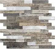 Yipscazo Peel and Stick Wood Metal Tile Backsplash, Stick on Tiles for Backsplash Kitchen, Bathroom, Laundry Room, Camper, Fireplace (12" X 12",20 Sheets in Light Wood Metal)