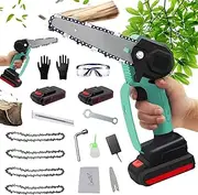 Mini Chainsaw Rechargeable Cordless Electric Chainsaw Portable Powered Lithium 6 in One-Hand Chainsaw with 24V 2 Battery and 4 Chain for Tree Branch Wood Cutting Tree Garden Pruning Shears Tools