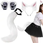 Therian Gear Fox Ears and Tail Therian Paws 3 Pack Faux Fur Therian Gear Fluffy Funny Fox Costume Adult Women Men for Role Play Party White