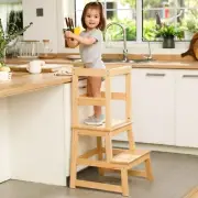 Kids Kitchen Step Stool for Kids with Safety Rail Solid Wood Construction