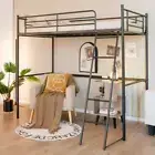 Kids Metal Bedroom Bunk Bed Frame Loft with Guardrails, Built-in Ladder