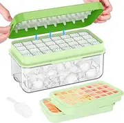 PHINOX Ice Cube Tray With Lid and Bin, Ice Trays for Freezer, Flexible Ice Cube Trays, Making 64 pcs Ice Cubes, Chilling Cocktail, Whiskey, Coffee, with 2 trays, Ice Container, Scoop&Cover, BPA Free