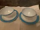 Vtg Pyrex milk glass with teal rim - cup and saucer 2 sets