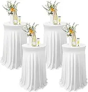 Tegeme 4 Packs Round Spandex Cocktail Tablecloths with Skirt 32 x 43 Inch Cocktail Round Table Cover Spandex Stretch Square Tablecloth Skirt for Table Bar Wedding Party Banquet (White)