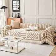 DREAMINGO Boho Sofa Covers for 3 Cushion Couch Chenille Couch Cover for Dogs Geometric Jacquard Sofa Slipcover Living Room Pet Furniture Protector Washable Sectional Couch Covers, 71"x118", Khaki