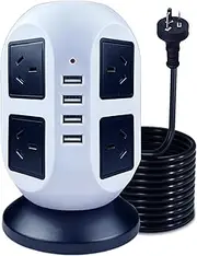 AU Surge Protector Power Strip with 4 USB Ports, Tower Power Board with 2.9M/9.5FT Extension Cord Cable, 8 AC Vertical Power Sockets Power Strip for Home Office (2L 8AC with 4 USB)