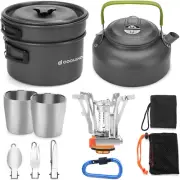 12Pcs Camping Cookware Mess Kit with Mini Stove, Lightweight Pot Pan Kettle with