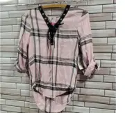 Nobo womens XS top Lace Up Pullover Plaid Pink black plaid tab roll v neck NWT