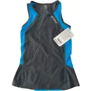 NWT 2XU Womens XS Perform Tri Singlet Cycling Triathlon Blue Top Pockets #3198