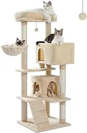 PAWZ Road Cat Tree 143cm Multi-Level Cat Tower Scratching Post Furniture with Hammock, 2 Cat Condos and Plush Perch Beige