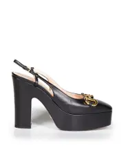 Black Leather Horsebit Platform Heels