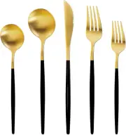 Gold Silverware Set for 8 Matte with Black Handle Flatware 40 Pieces Stainless