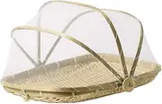 AIMALL 28x34x22cm Bamboo Woven Sieve Basket with Mesh Cover Handcrafted Multi-Purpose Insect-Proof Steamed Bread Basket Durable and Natural Bamboo Storage Tray