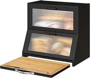 Vriccc Black Large Bread Box for Kitchen Counter, Bamboo Wooden Double Layer Large Capacity Bread Storage Bin with Acrylic Wavy Door Panel (Black + Cutting Board)