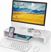 AboveTEK Monitor Stand Riser, Foldable Computer Monitor Riser with Drawer, Height Adjustable Computer Monitor Stands and Risers, Phone Stand for PC, Desktop, Laptop, Printer Save Space (White)